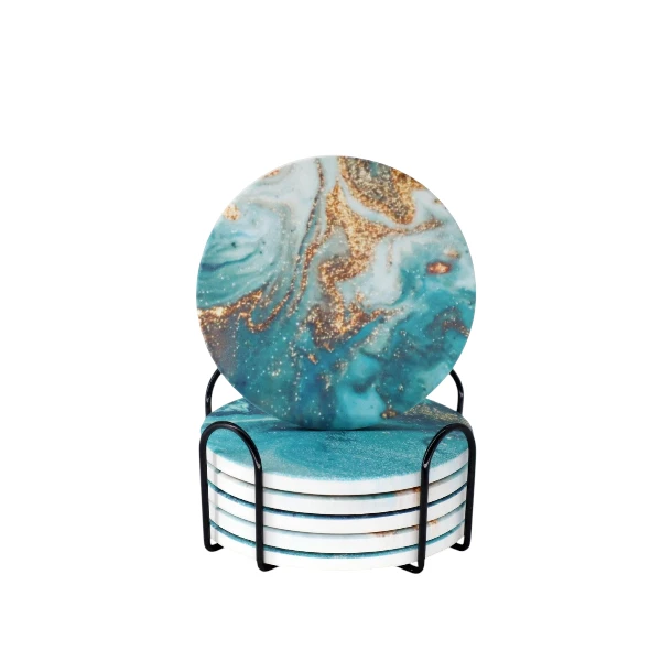 Memeyou Blue Marble Ceramic Coasters With Holder