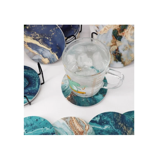 Memeyou Blue Marble Ceramic Coasters With Holder
