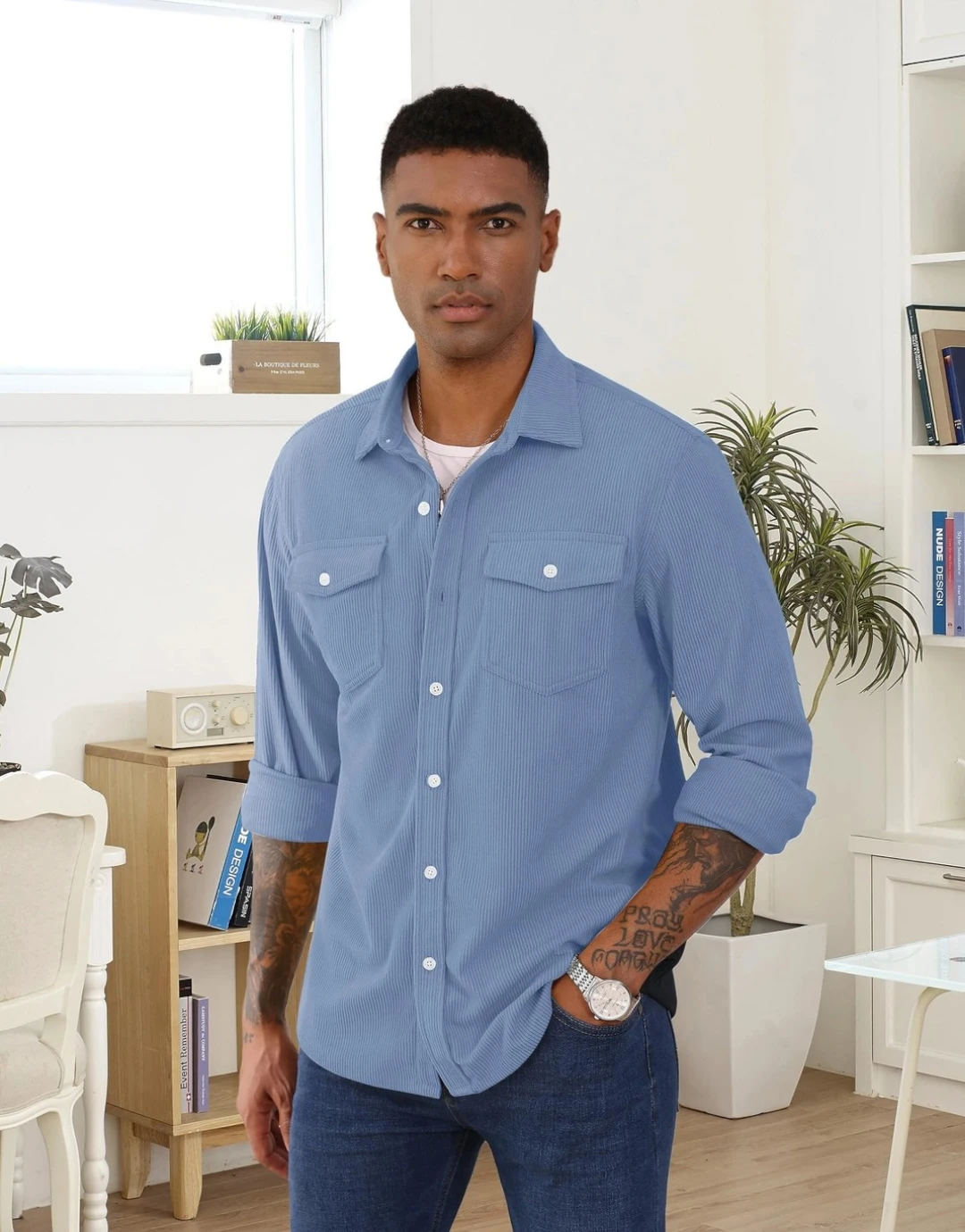 Eklentson Men's Shirts Long Sleeve Corduroy Shirts 
