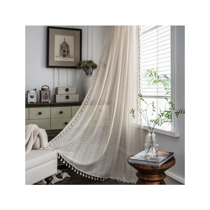 USTIDE Beige Retro Curtain Countryside Rustic Woven Curtain
