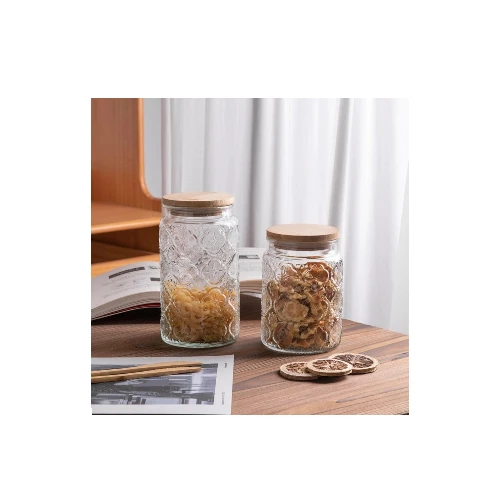 Sweejar Cylindrical Bamboo Embossed Glass Storage Jars 