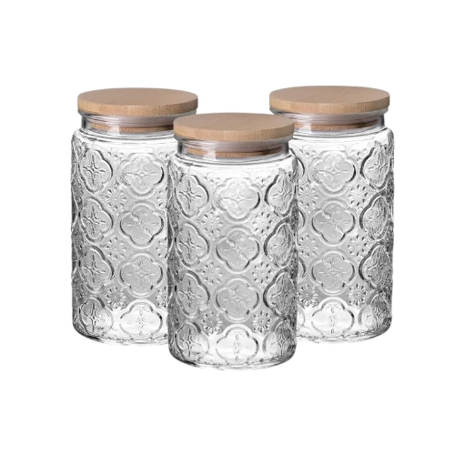 Sweejar Cylindrical Bamboo Embossed Glass Storage Jars 