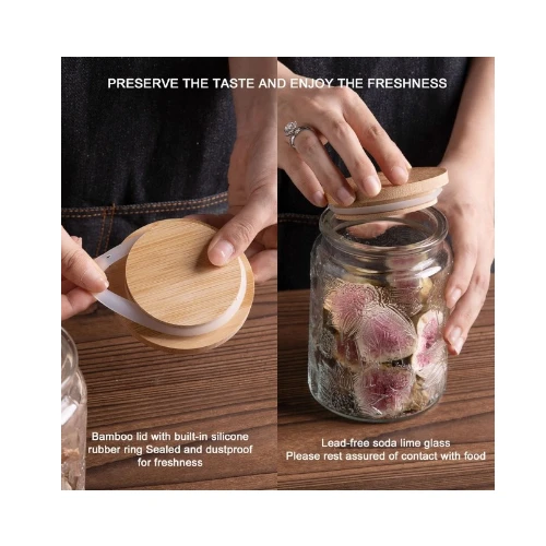Sweejar Cylindrical Bamboo Embossed Glass Storage Jars 