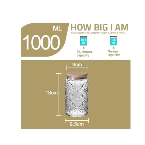 Sweejar Cylindrical Bamboo Embossed Glass Storage Jars 
