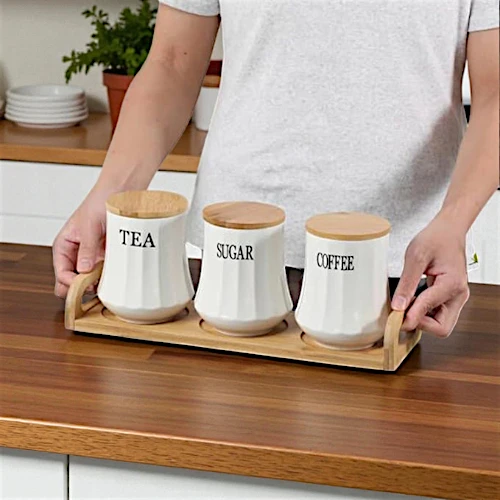 BTSKY 3pcs Ceramic Storage Canisters with Wooden Lid and Tray