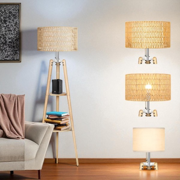 OUTON Tripod Floor Lamp Rattan & Linen Double Shades