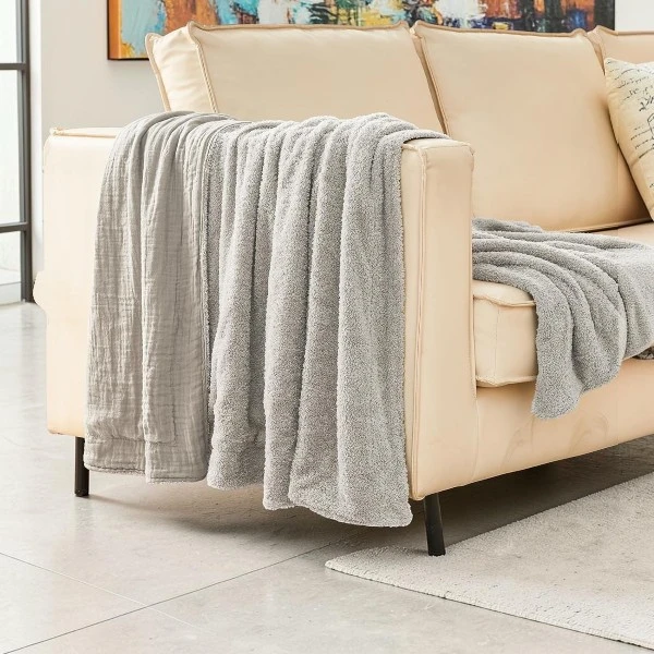 Cotton Muslin & Knitted Fleece Throw Blanket Soft Lightweight Cosy For Sofa Bed