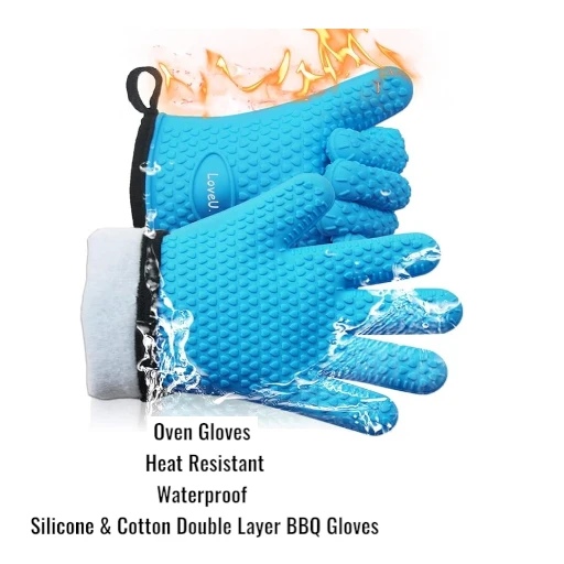 Oven Gloves Heat Resistant, Waterproof, Silicone & Cotton Double Layer BBQ Gloves