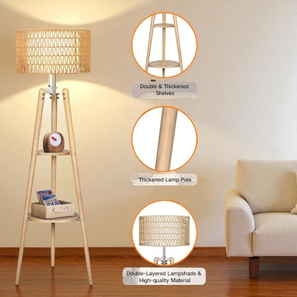 OUTON Tripod Floor Lamp Rattan & Linen Double Shades