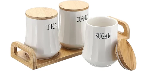 BTSKY 3pcs Ceramic Storage Canisters with Wooden Lid and Tray