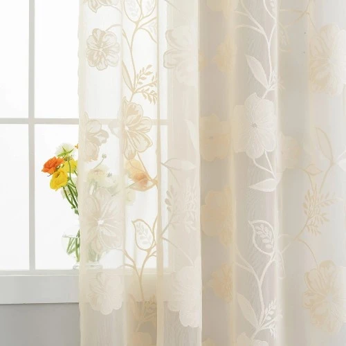 Embroidered Semi-Sheer Floral Linen Lace Curtains  