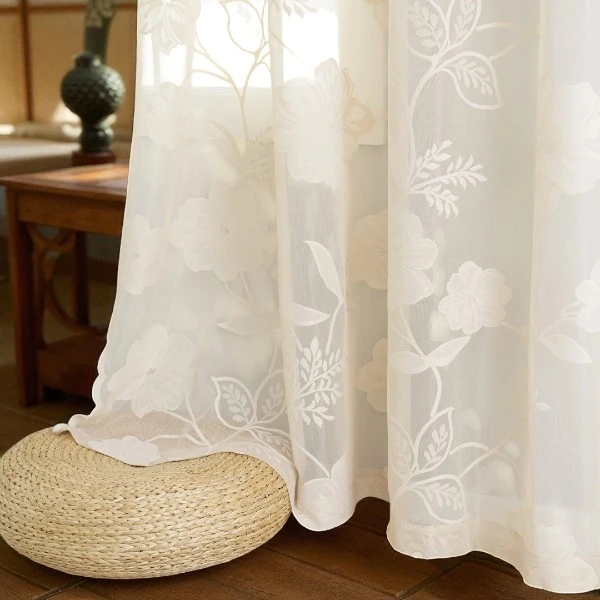 Embroidered Semi-Sheer Floral Linen Lace Curtains  
