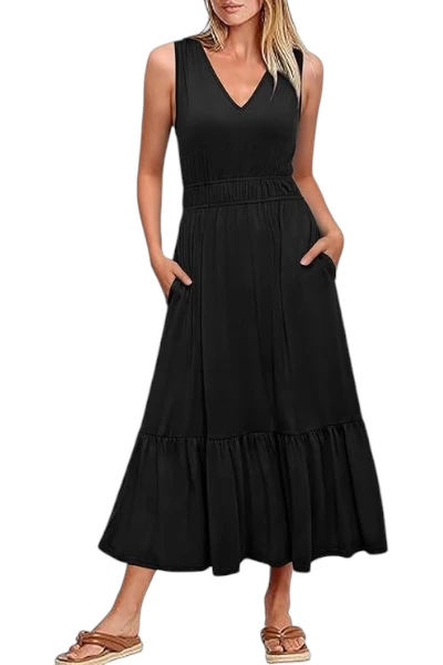 Newshows Women's Summer Dress V Neck Sleeveless Flowy Tiered Casual Beach Midi Sundress with Pockets