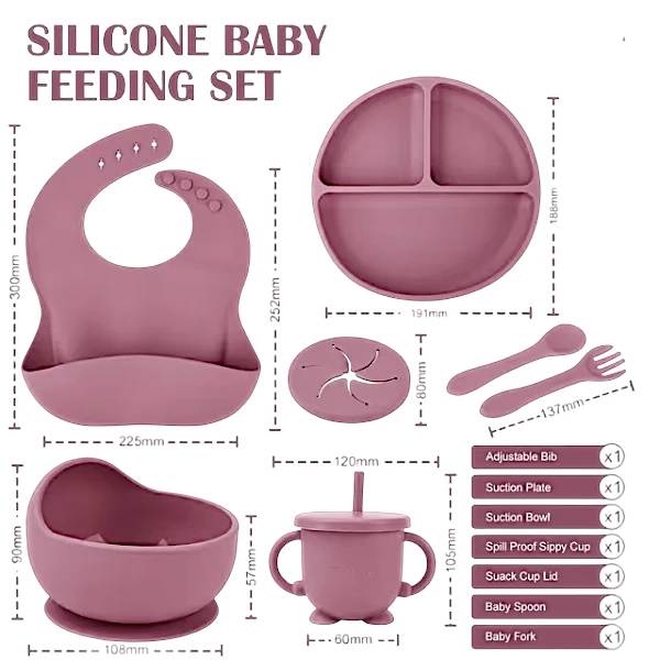 Baby Feeding Silicone Set, Weaning Kit with Suction Plate, Bowl, Adjustable Bib, Utensils Set - Perfect for Infant & Toddler Mealtime, Non-Slip Dishware, BPA-Free, Easy Clean 