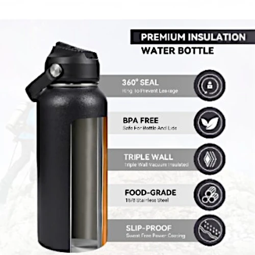 Hawthyhome Insulated Water Bottle 32oz/1L with Straw Keep Drinks Hot and Cold Stainless Steel Double Walled Flip up Metal Water Bottles Leakproof for Hiking,Camping Sports Adult