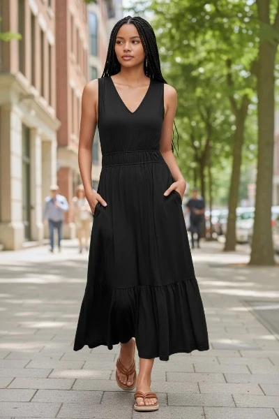 Newshows Women's Summer Dress V Neck Sleeveless Flowy Tiered Casual Beach Midi Sundress with Pockets