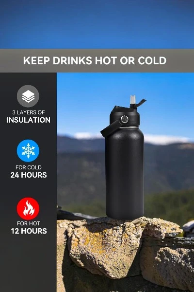 Hawthyhome Insulated Water Bottle 32oz/1L with Straw Keep Drinks Hot and Cold Stainless Steel Double Walled Flip up Metal Water Bottles Leakproof for Hiking,Camping Sports Adult