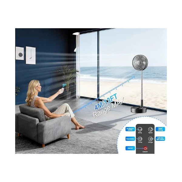 Standing Fan Foldable Portable with Remote Control 8'' Timer 7200mAh Adjustable Height Floor Fan Quiet with Bag 5 Speeds 