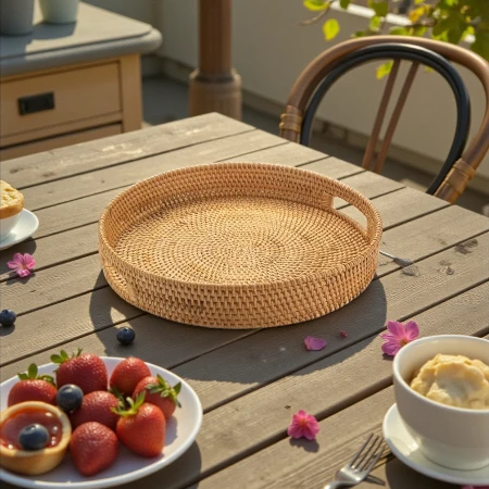 Rattan Round Serving Tray, Hand Woven With Cut - Out Handles