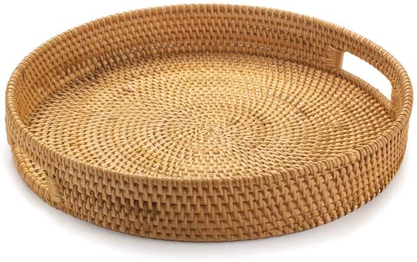 Rattan Round Serving Tray, Hand Woven With Cut - Out Handles