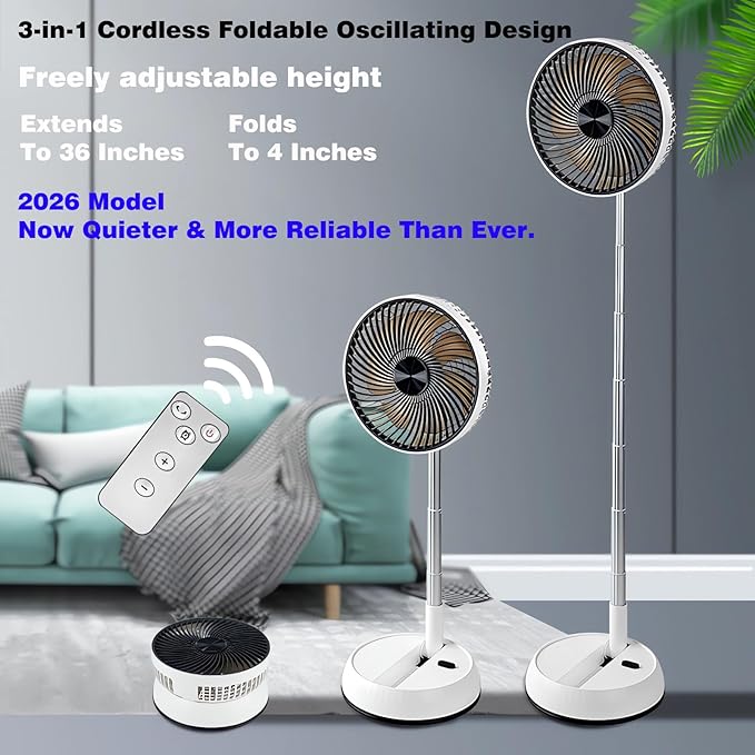 Foldable Rechargeable Oscillating Fan 8" Inche 7200mAh Battery Operated Small Fan Remote, Quiet Table Standing Pedestal Fans for Bedroom Office Camping Travel
