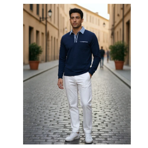 KUNJLELP Men's Premium Long Sleeve Casual Polo Shirt