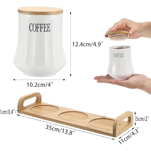 BTSKY 3pcs Ceramic Storage Canisters with Wooden Lid and Tray