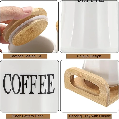 BTSKY 3pcs Ceramic Storage Canisters with Wooden Lid and Tray