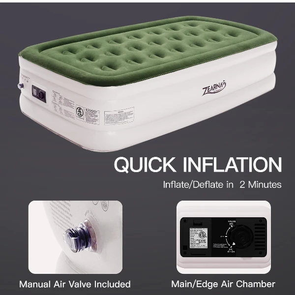 Zearna Single Air Bed, 190x100x40cm Single Air Mattress with Built-in Electric Pump, Inflatable Mattress 3 Mins Self Inflation Deflation, Blow Up Mattress, Spare Guest Bed for Overnight Home Camping