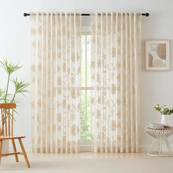 Embroidered Semi-Sheer Floral Linen Lace Curtains  