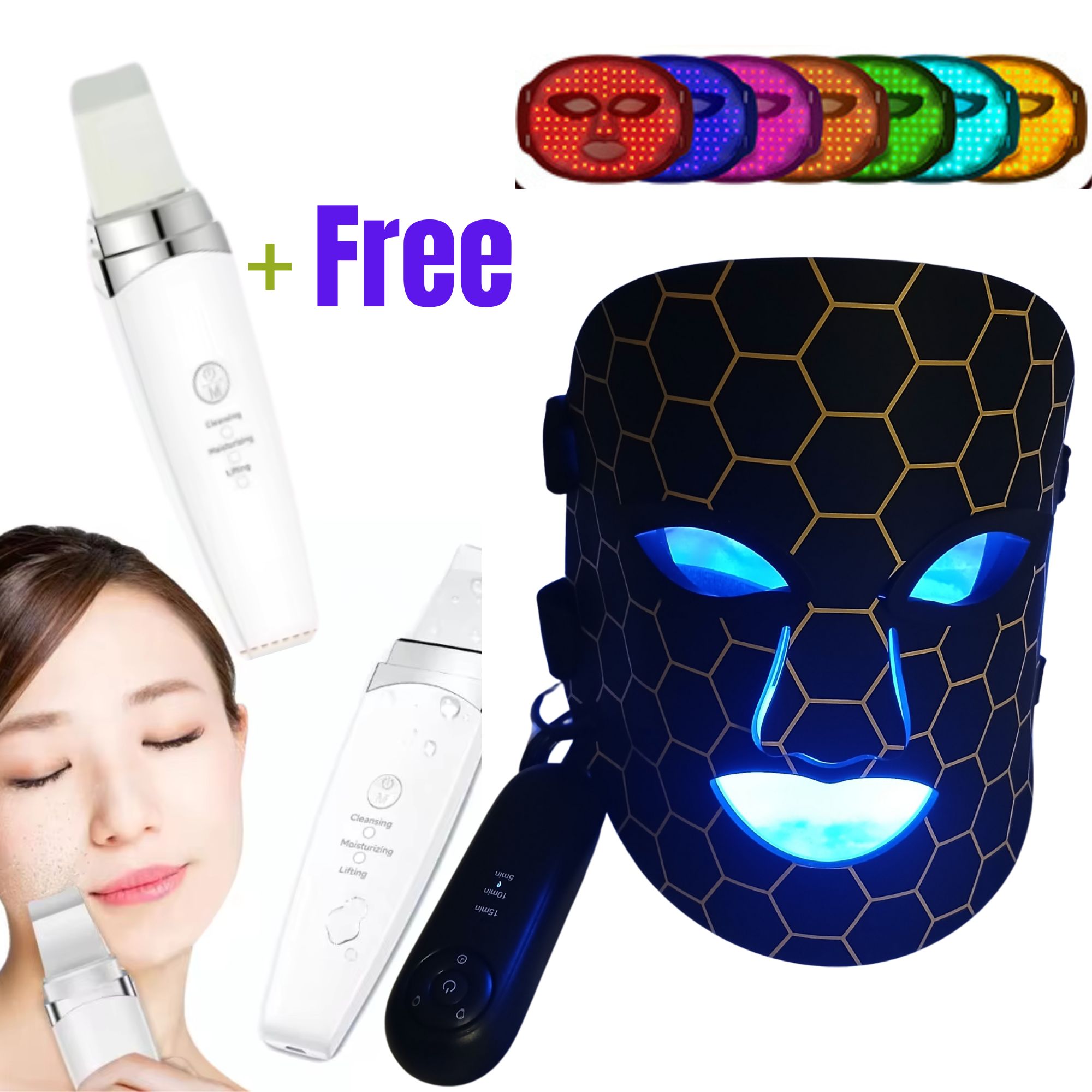 Máscara facial con terapia de luz LED, terapia de luz roja para cara, 7-1 colores LED máscara facial para el cuidado de la piel, color negro