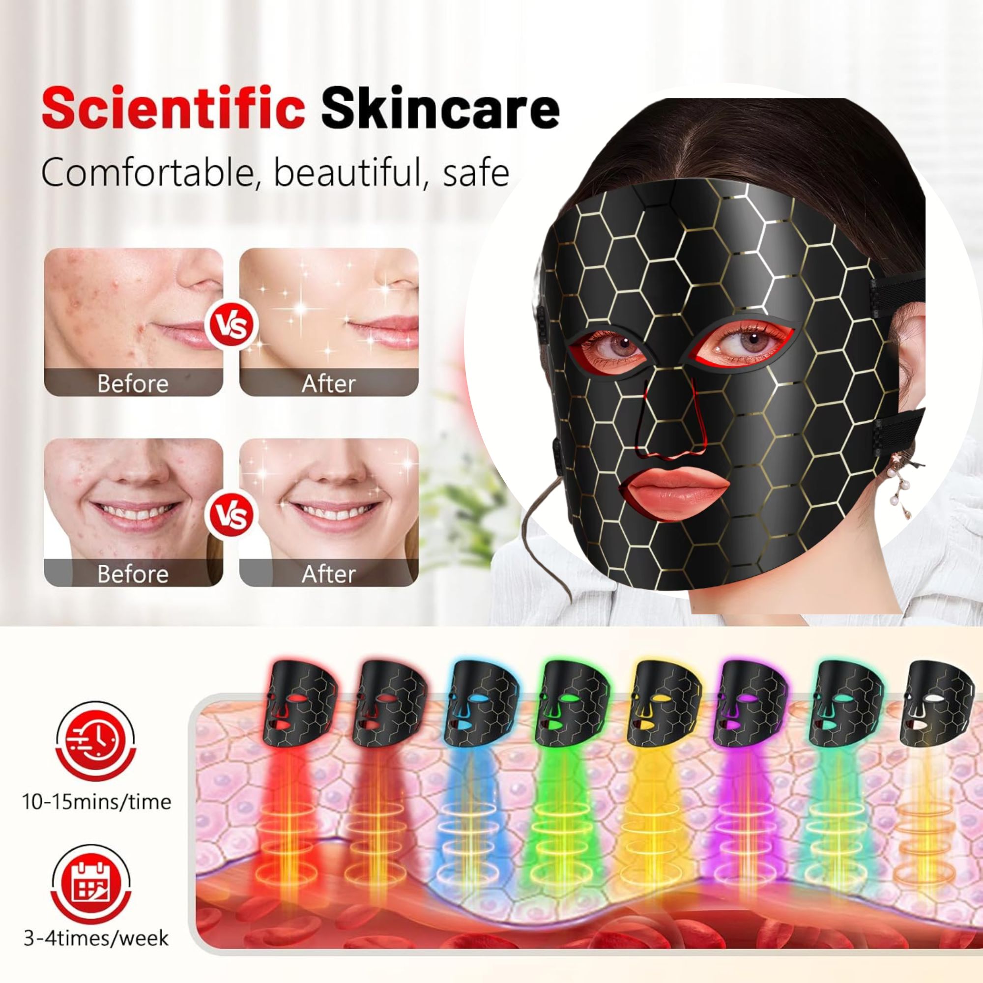 Máscara facial con terapia de luz LED, terapia de luz roja para cara, 7-1 colores LED máscara facial para el cuidado de la piel, color negro