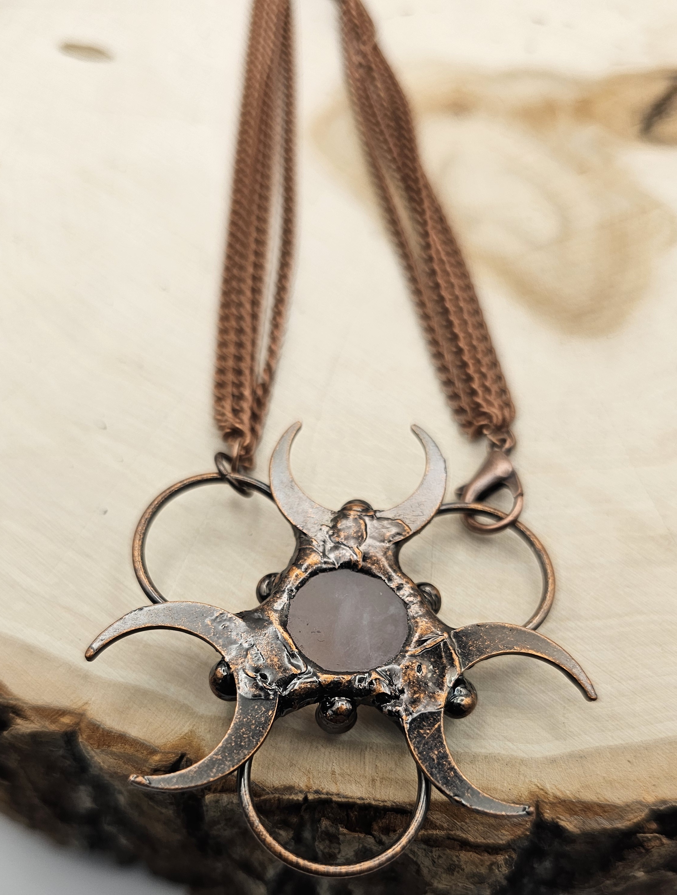 Vintage Bronze Rose Quartz Pendant Necklace