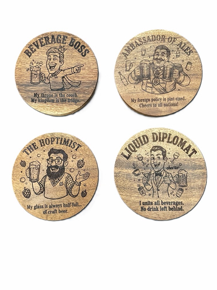 Set of Funny Wooden Drink Coasters
