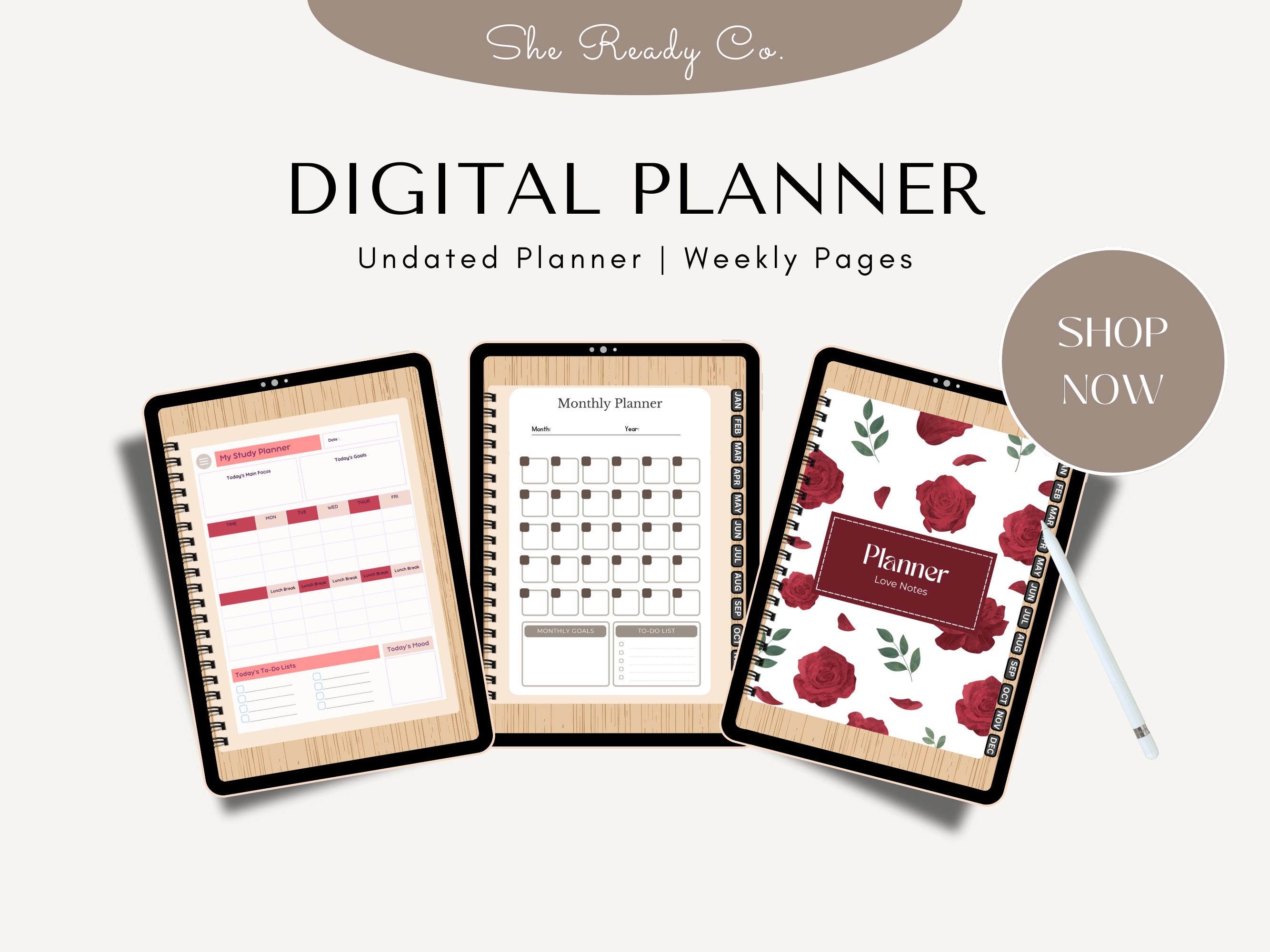 Rose & Pink Hyperlink Digital Planner – 65 Pages