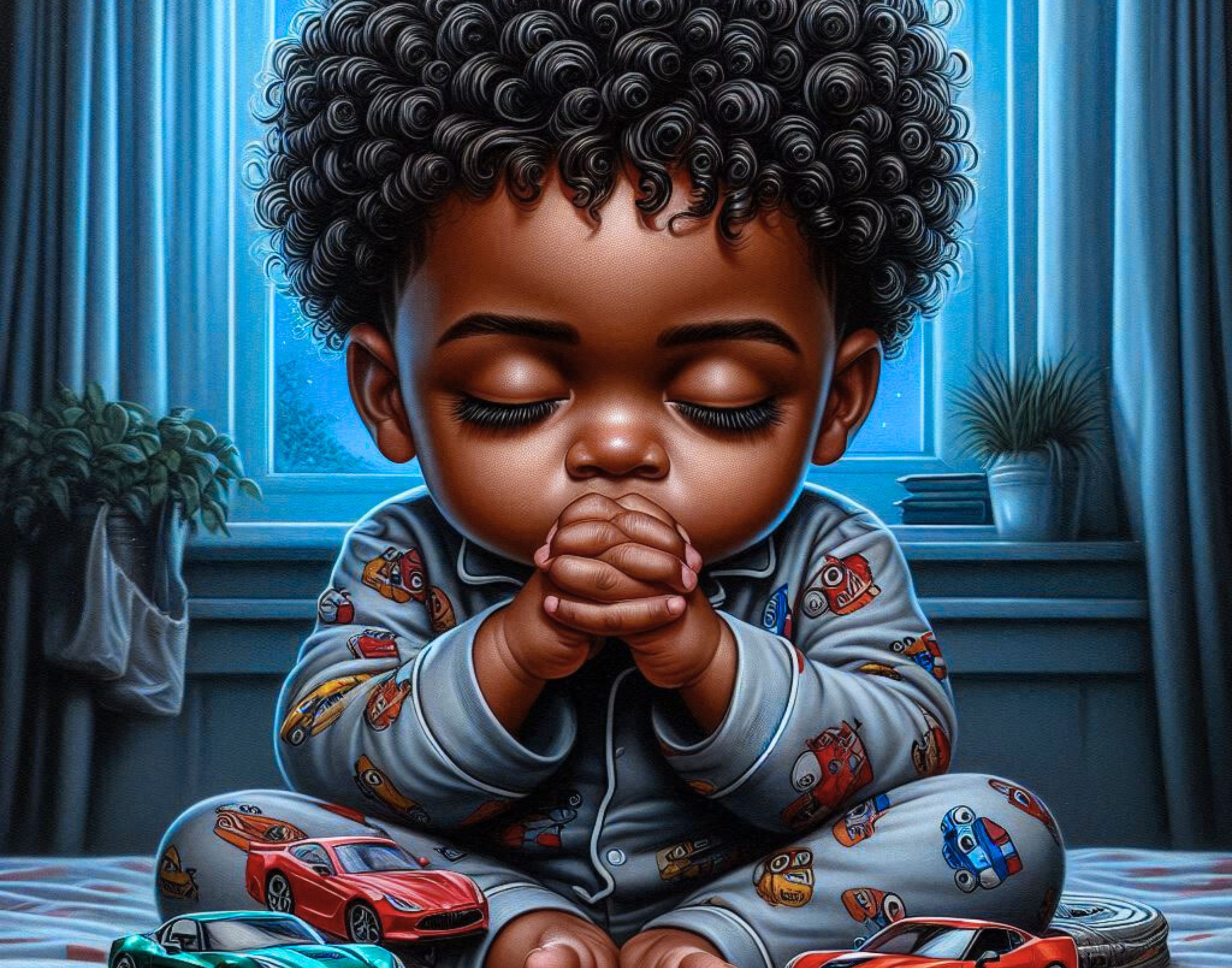 Brown Little Boy Praying in Pajamas – 5 AI-Generated Art Clips (JPG)
