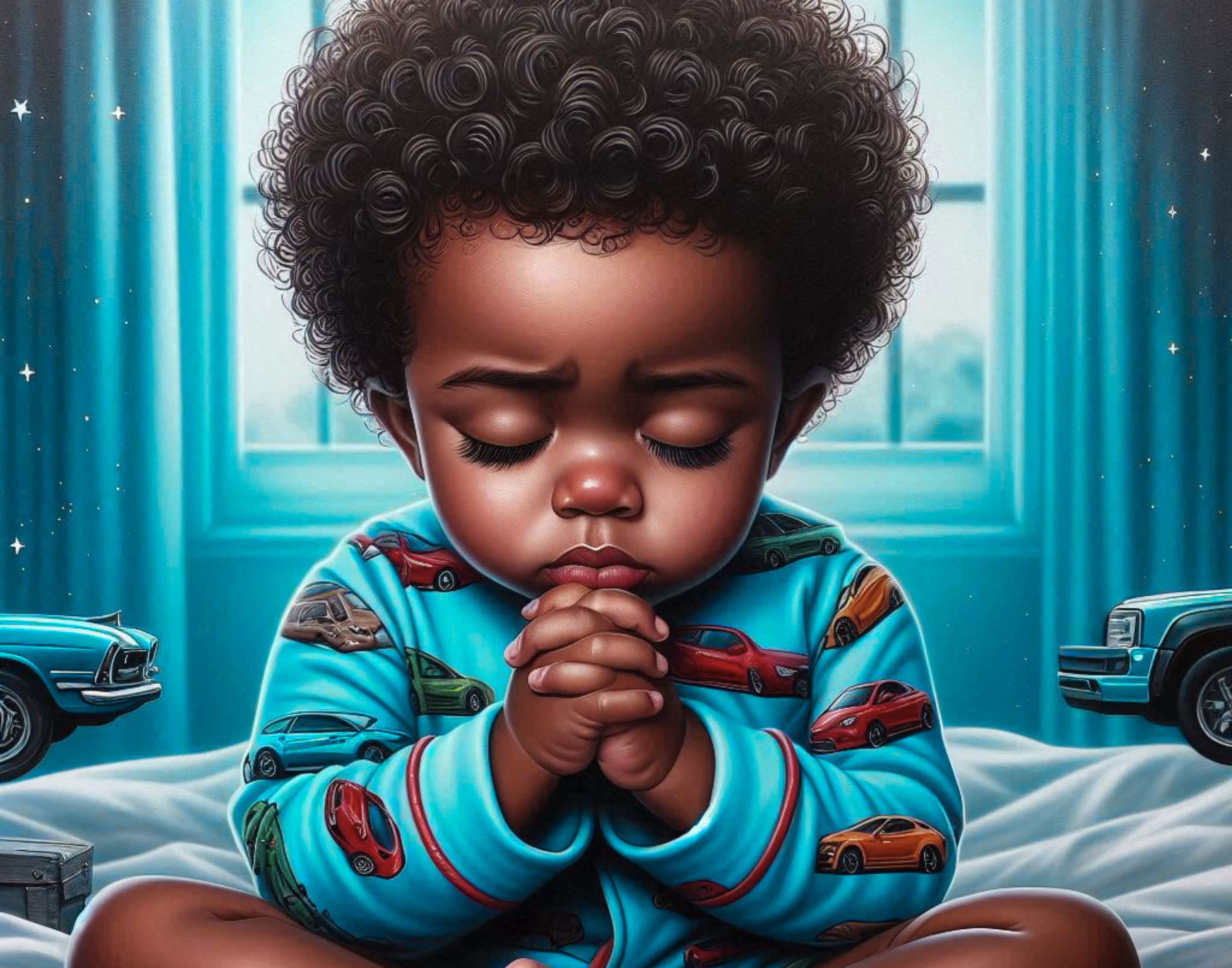 Brown Little Boy Praying in Pajamas – 5 AI-Generated Art Clips (JPG)