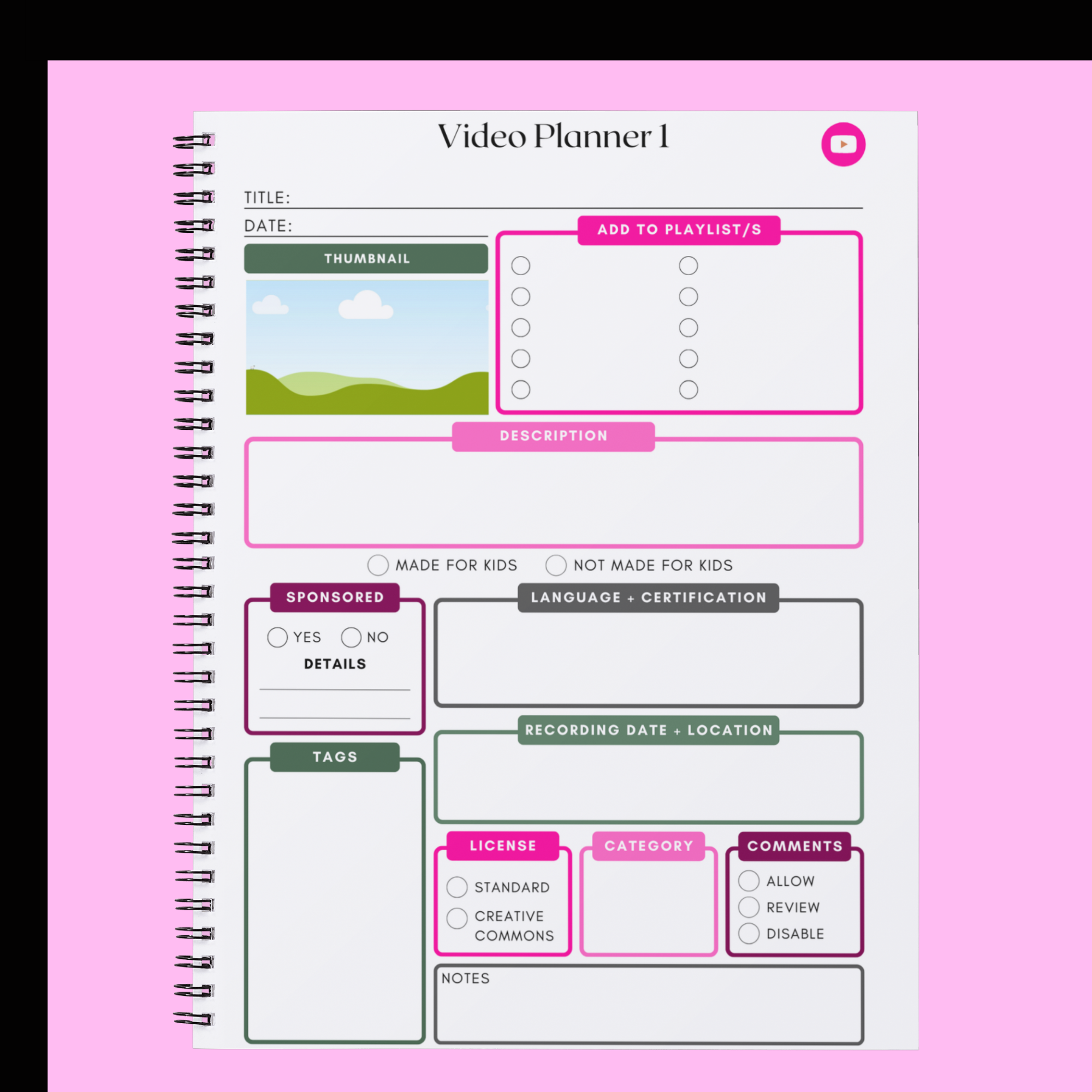 Social Media & YouTube Planner – 40 Pages | Digital Content Creator Planner