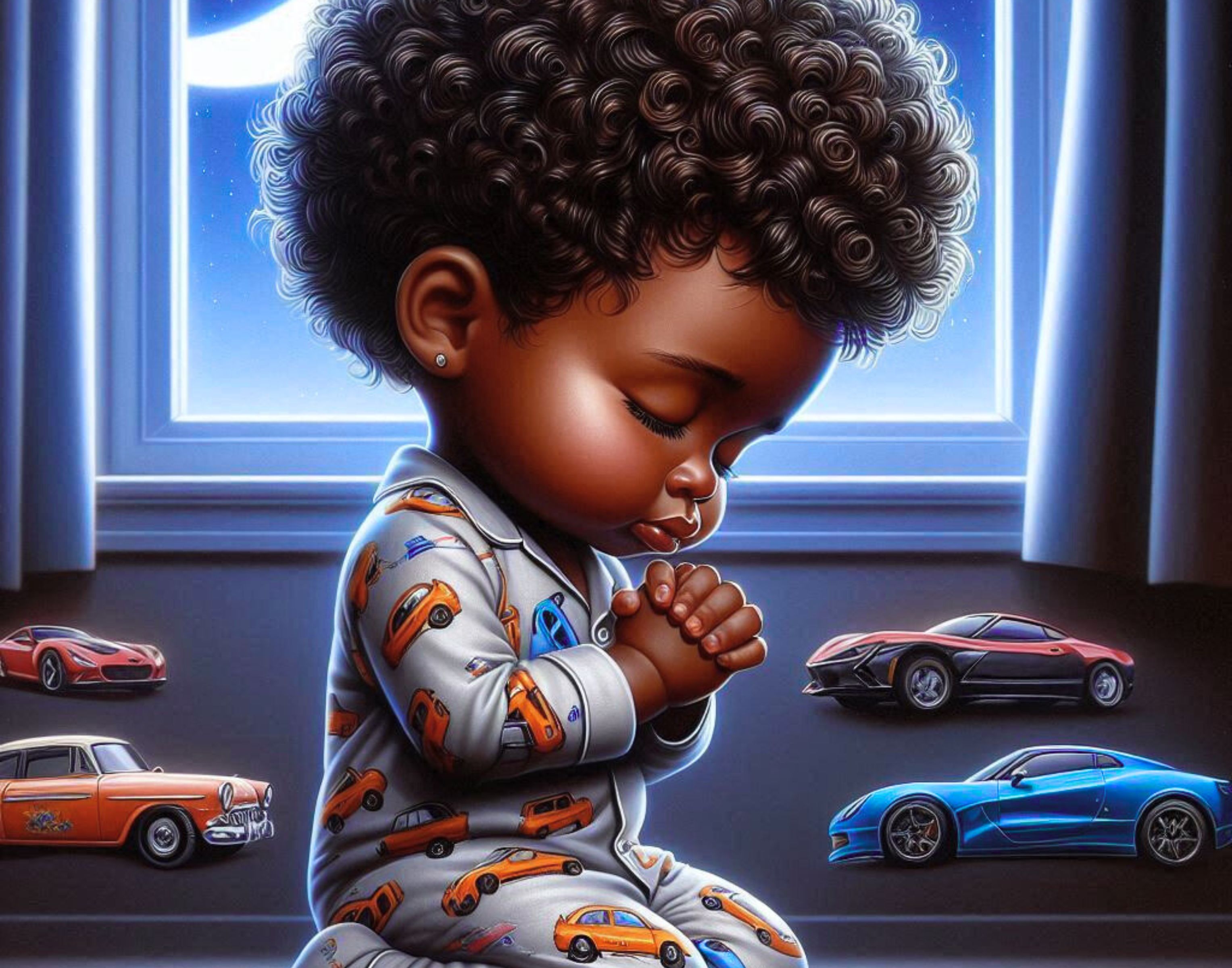 Brown Little Boy Praying in Pajamas – 5 AI-Generated Art Clips (JPG)