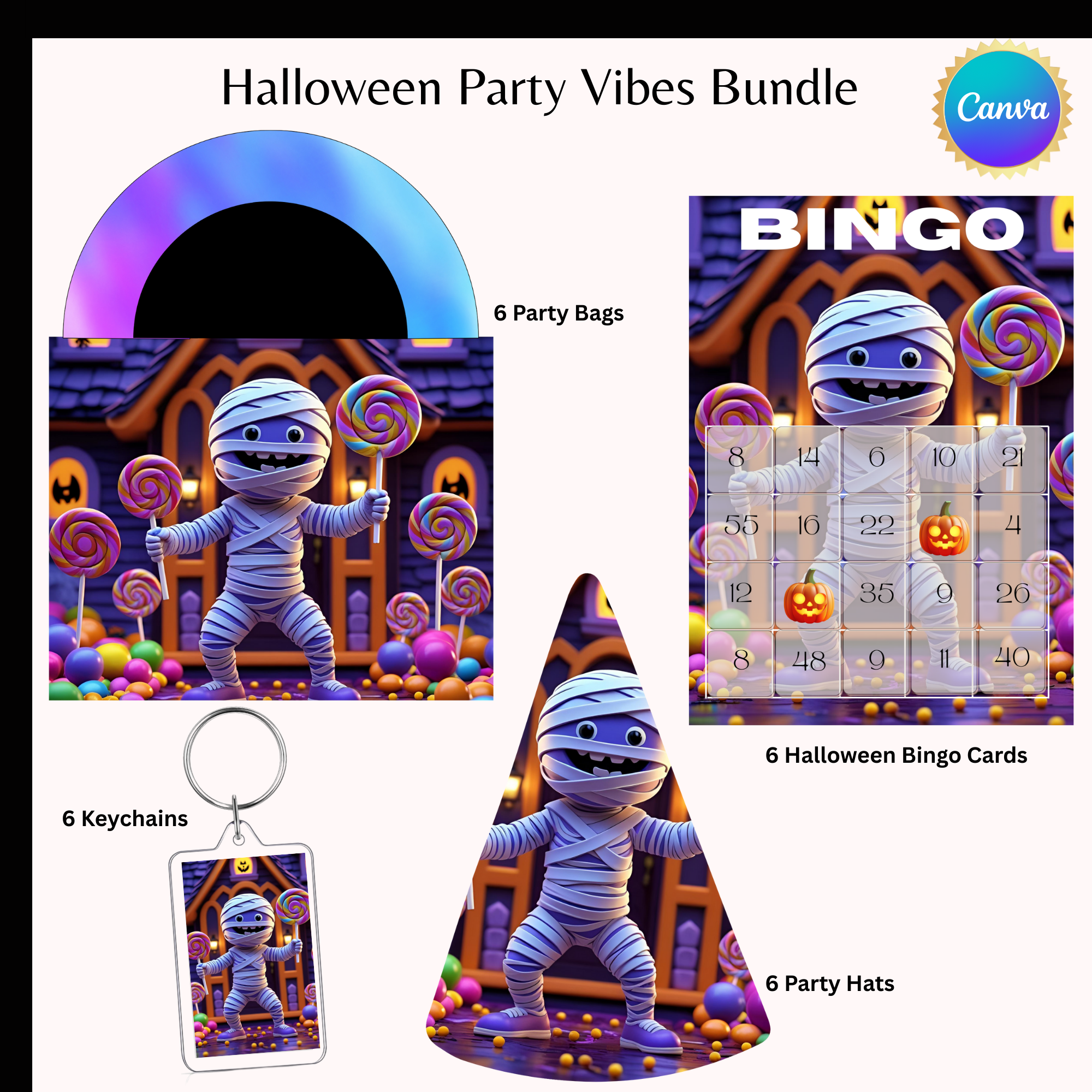 Halloween Party Vibes Bundle – Bingo Cards, Keychains, Party Hats & Party Bags