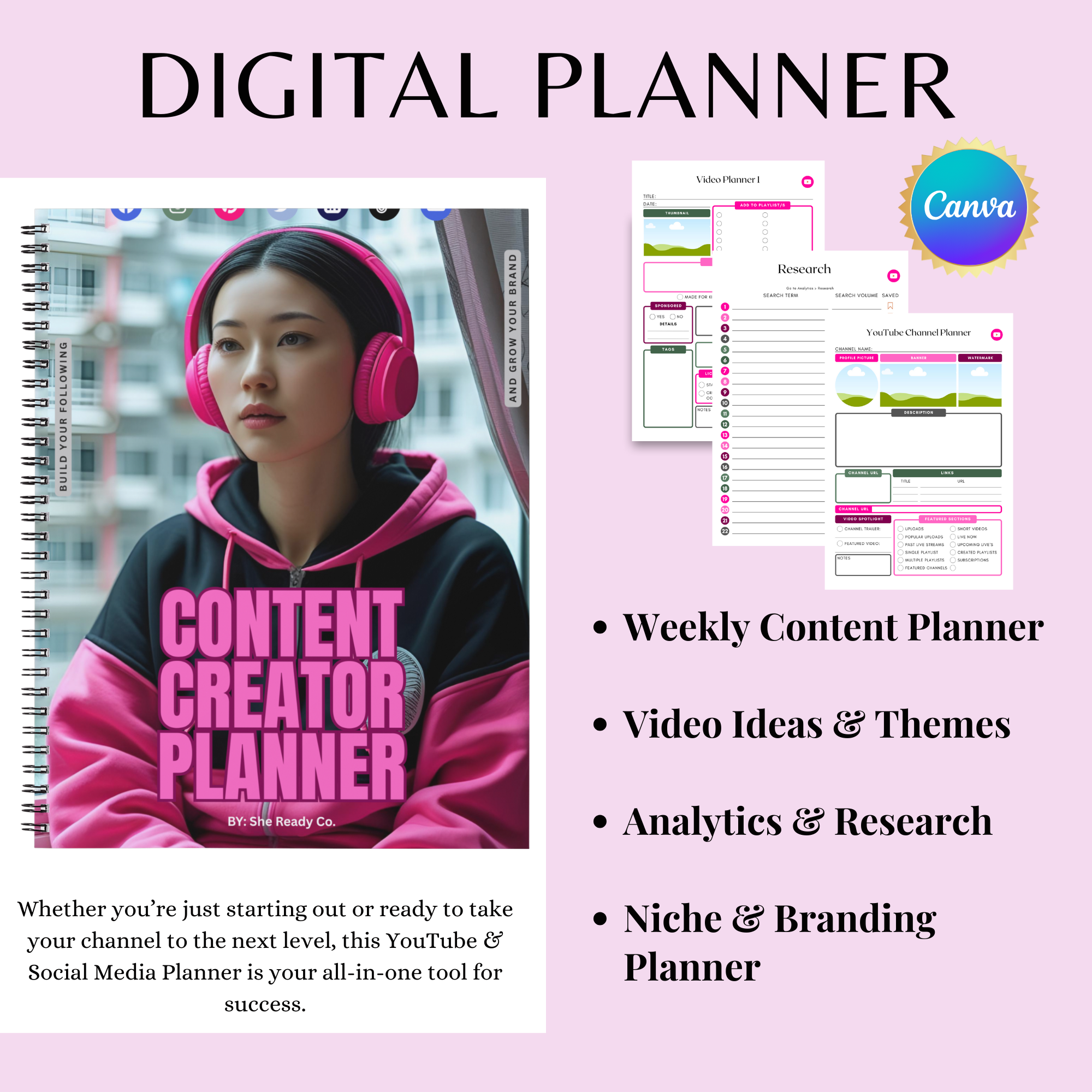 Social Media & YouTube Planner – 40 Pages | Digital Content Creator Planner