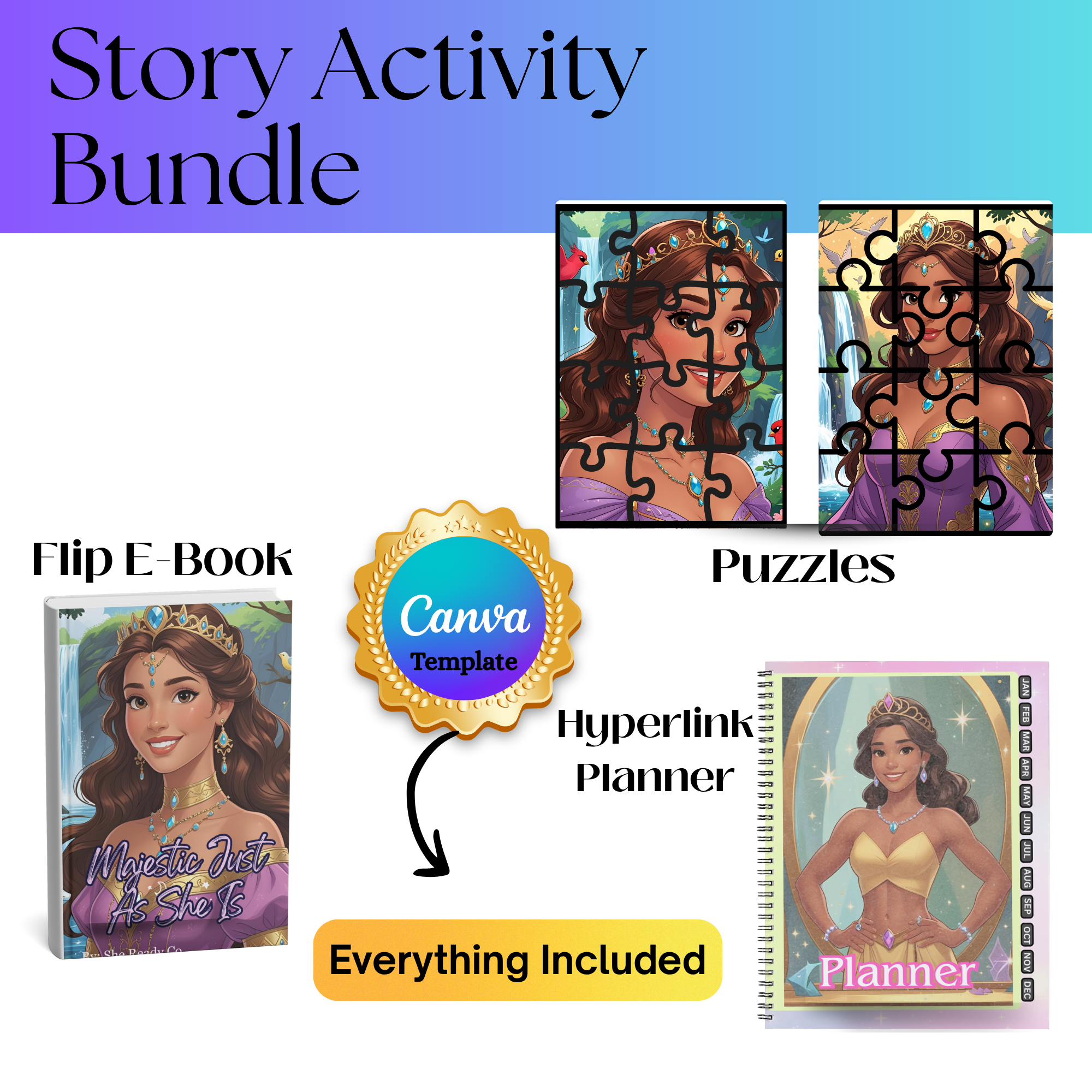  Majestic Just As She Is Printable Bundle – Short Story E-Book | Hyperlinked Planner | Puzzle