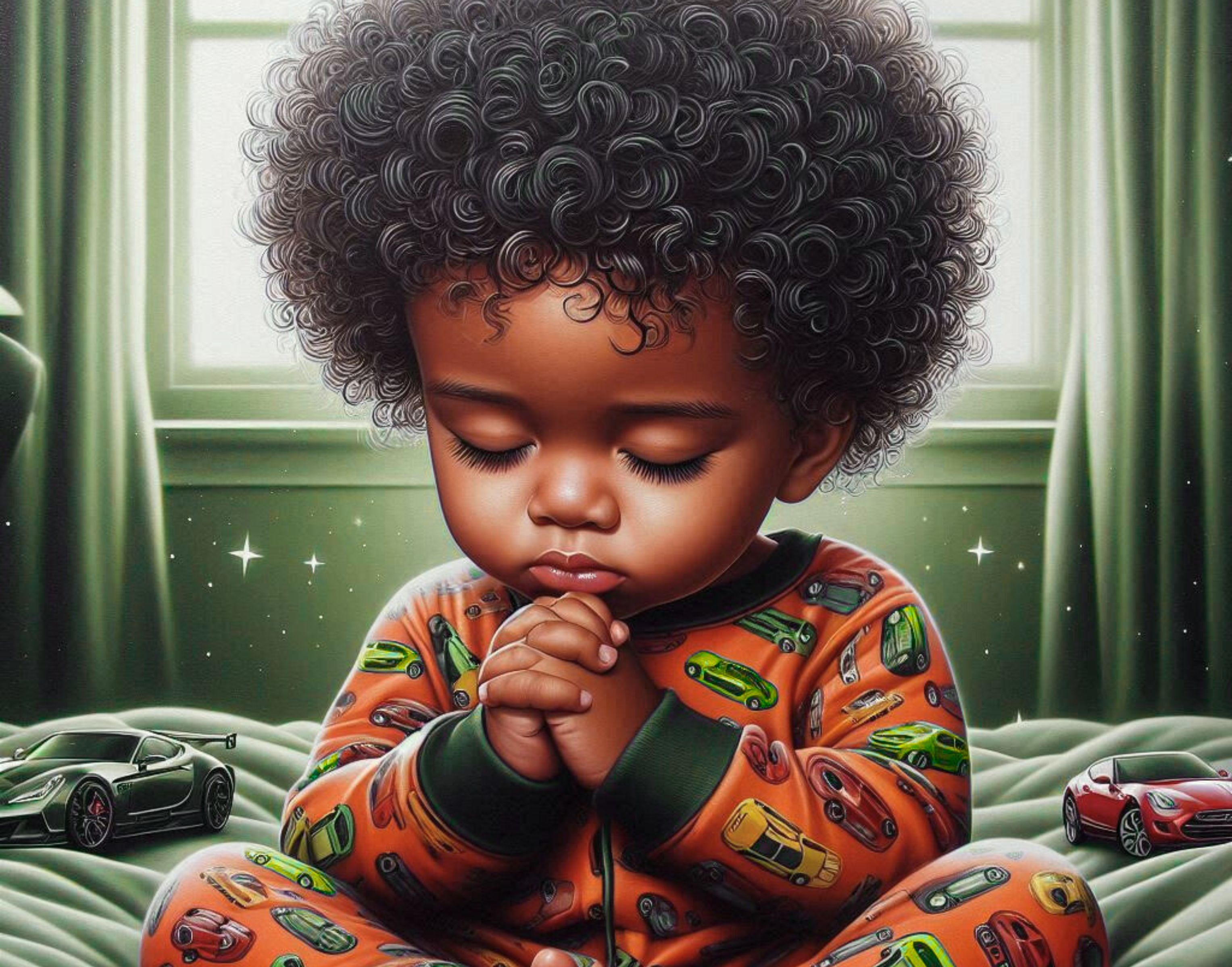 Brown Little Boy Praying in Pajamas – 5 AI-Generated Art Clips (JPG)