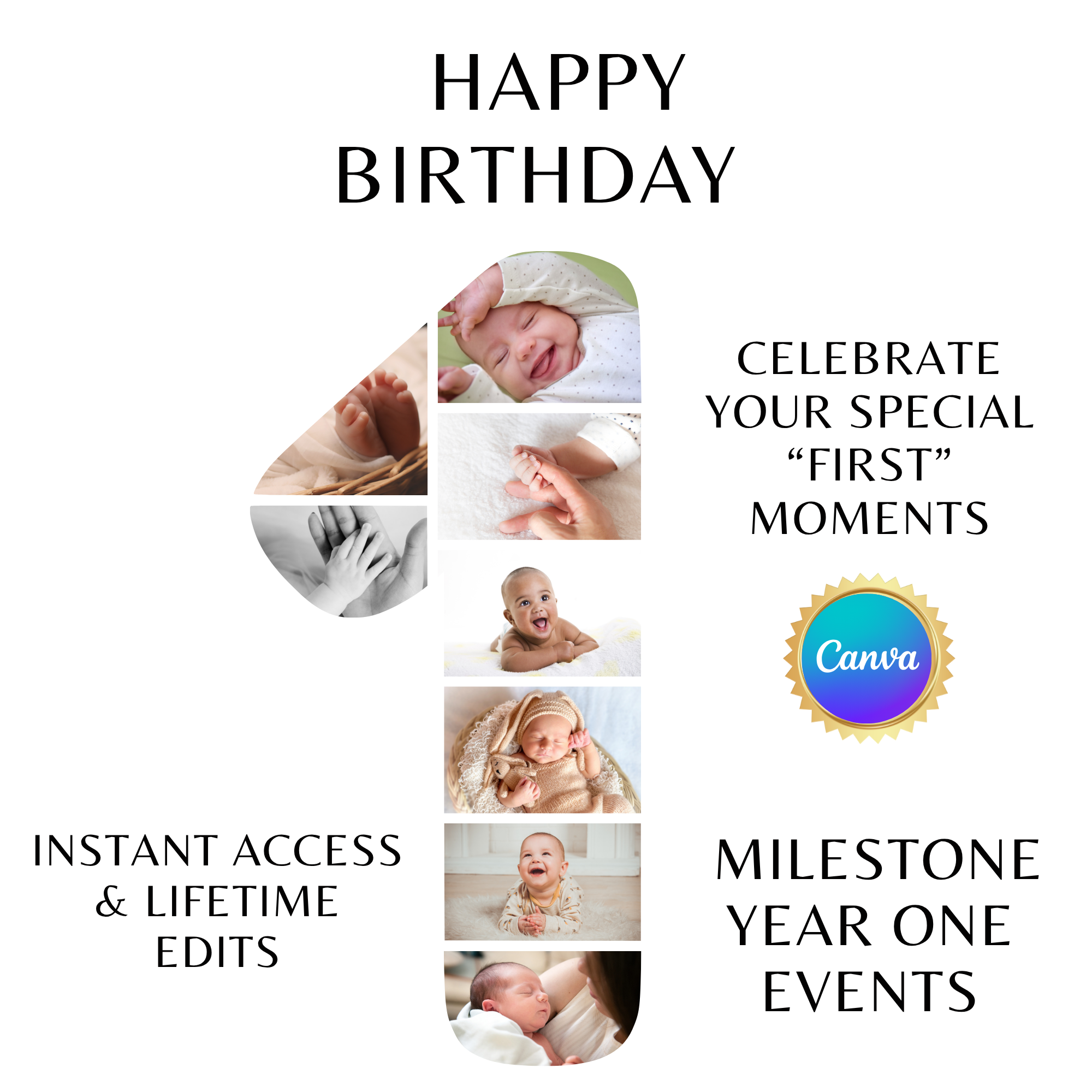  Happy 1st Anniversary / Birthday Photo Collage Frame – Editable Canva Template