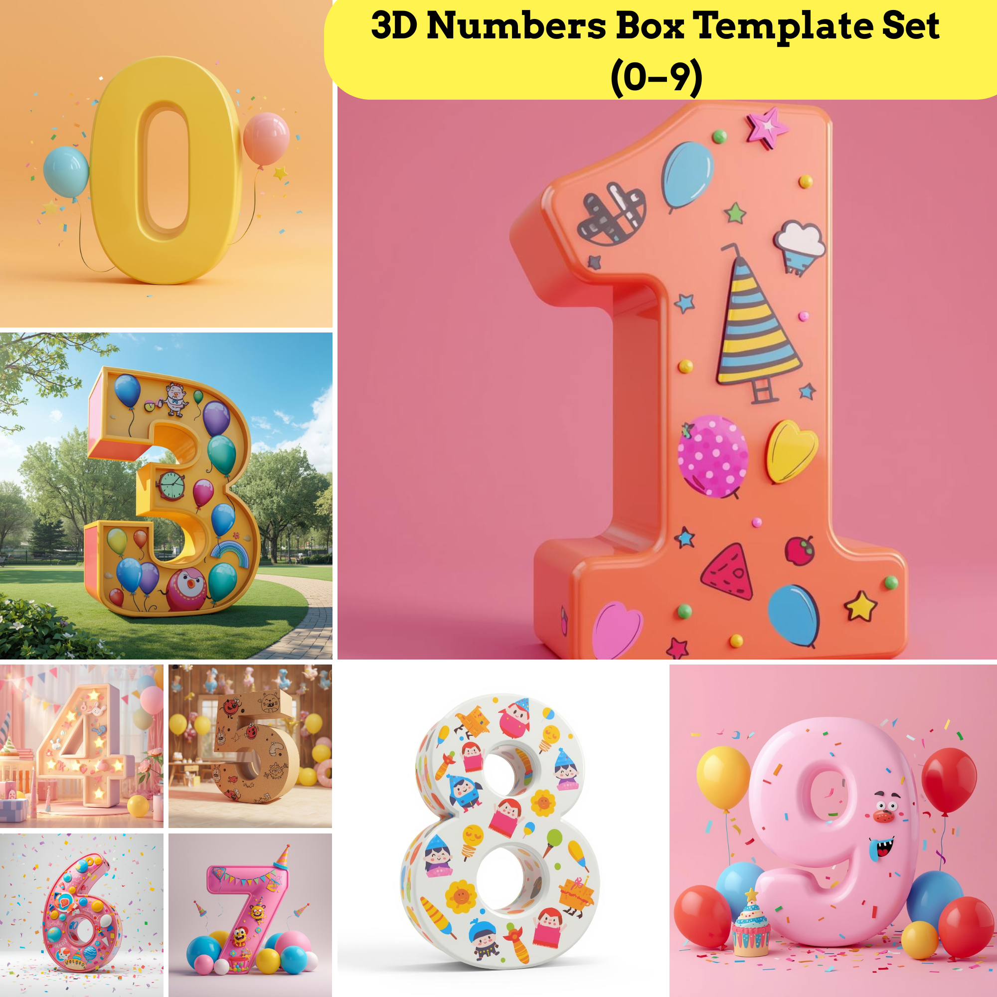 3D Celebration Numbers Box Template Set (0–9)