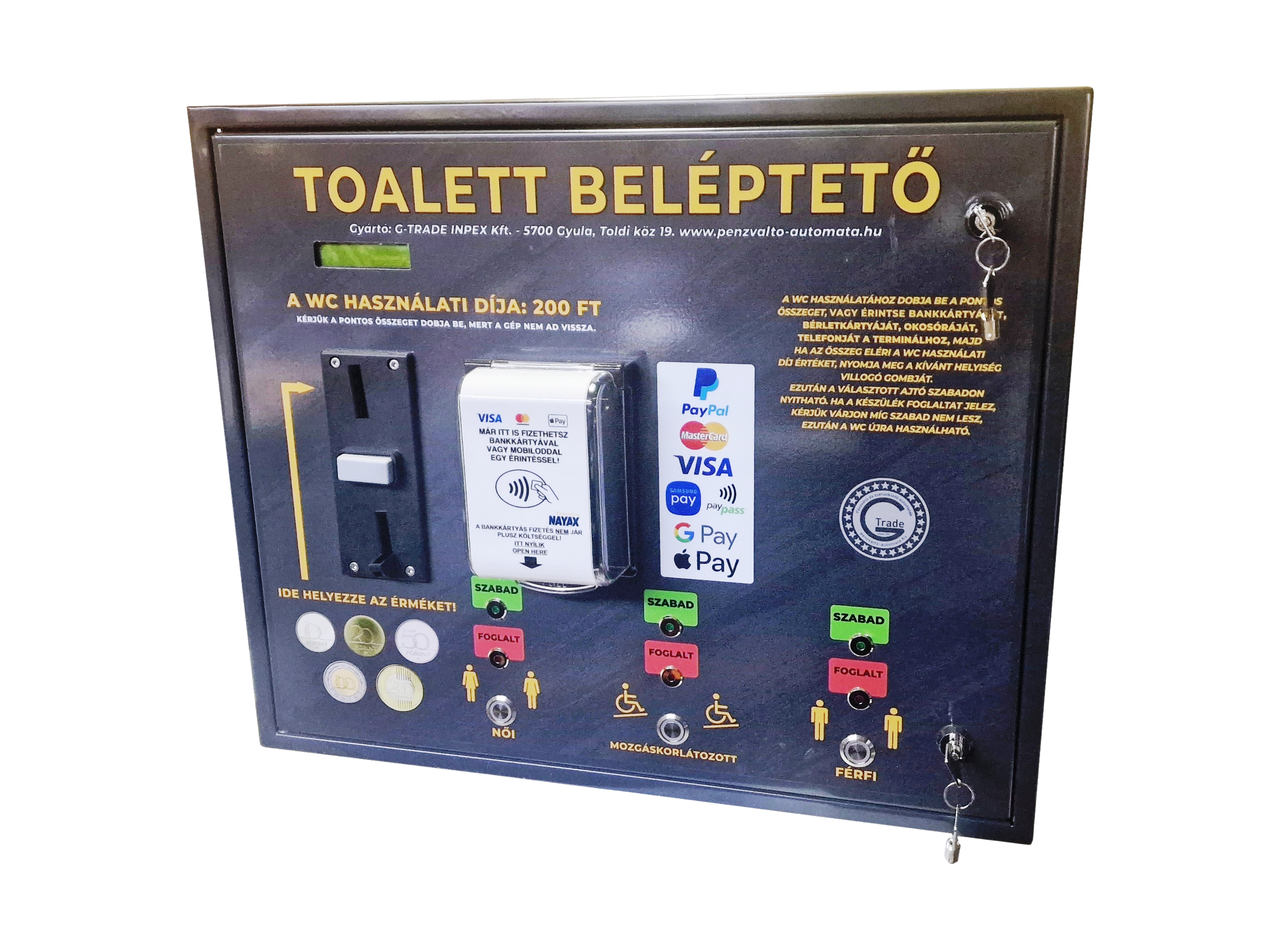 DOS-3 beléptető rendszer foglaltságérzékelővel és bankkártya terminállal kiegészítve, 3 ajtót kezelő