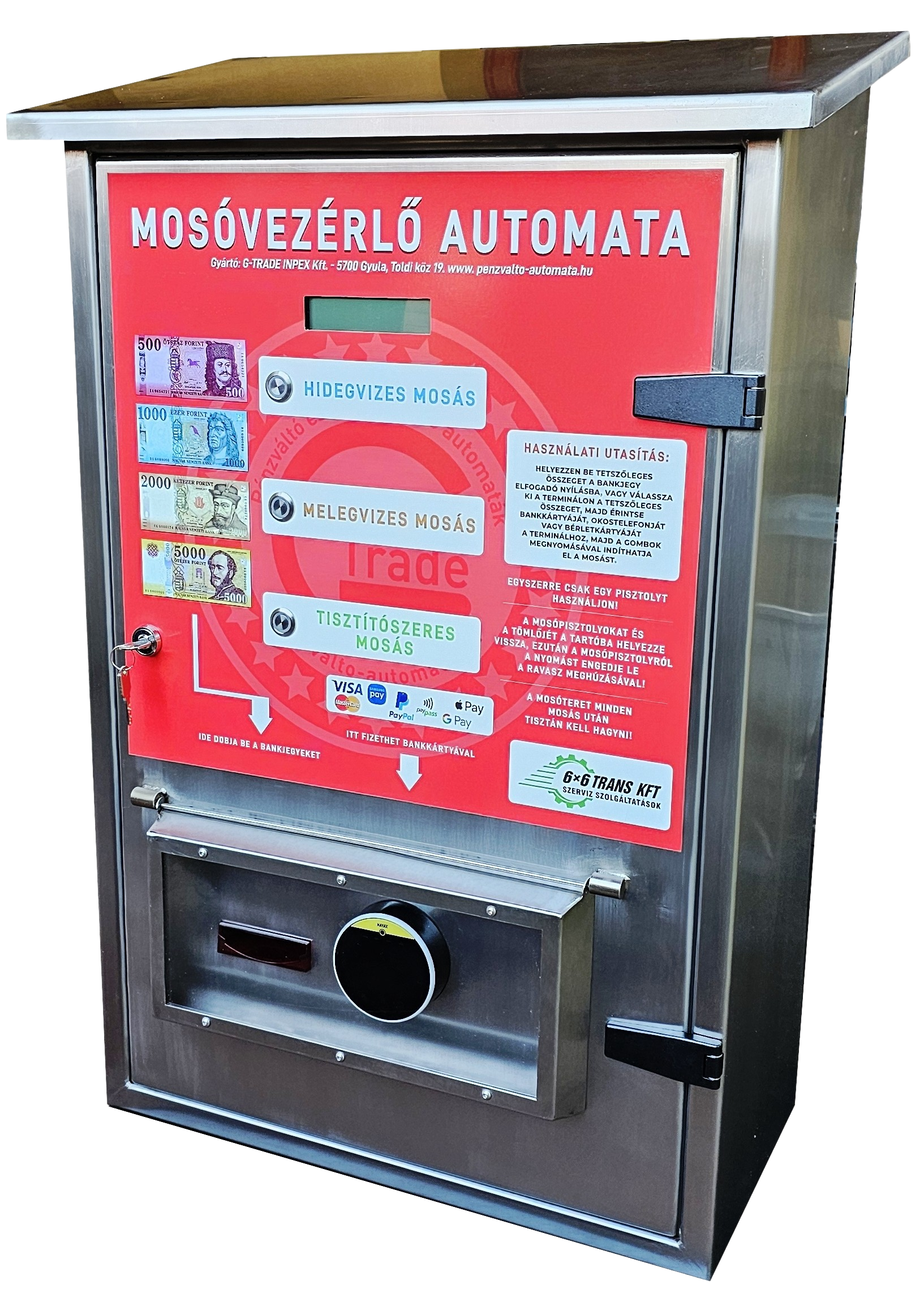 Autómosó vezérlő szekrény bankkártya terminállal és bankjegy gyűjtős bankjegyelfogadóval szerelve