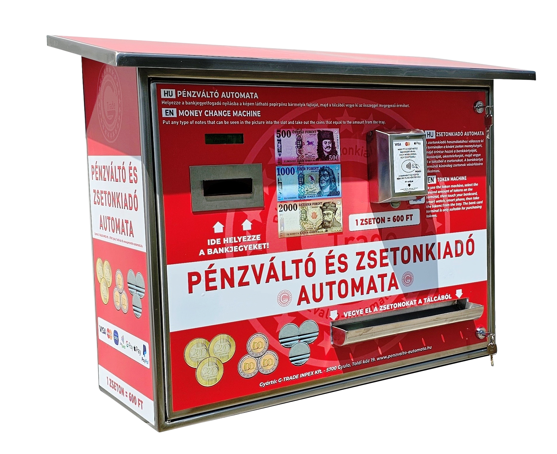 Pénzváltó és zsetonkiadó automata,amely 3 féle érmét kezel,bankkártya terminállal és bankjegyelfogadóval szerelve