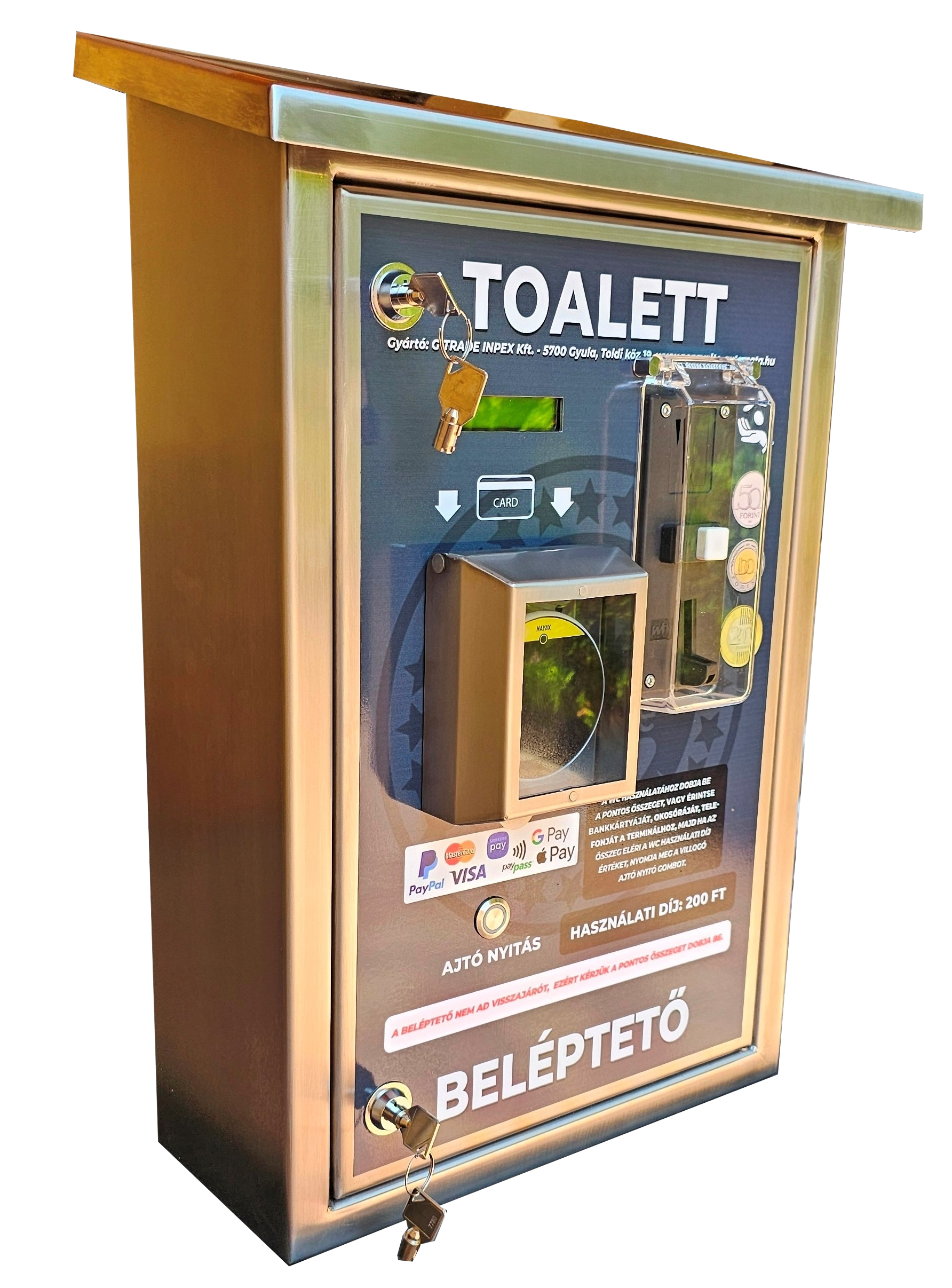 Villás vagy mágneszáras beléptető vezérlő bankkártya terminállal és érmevizsgálóval szerelve