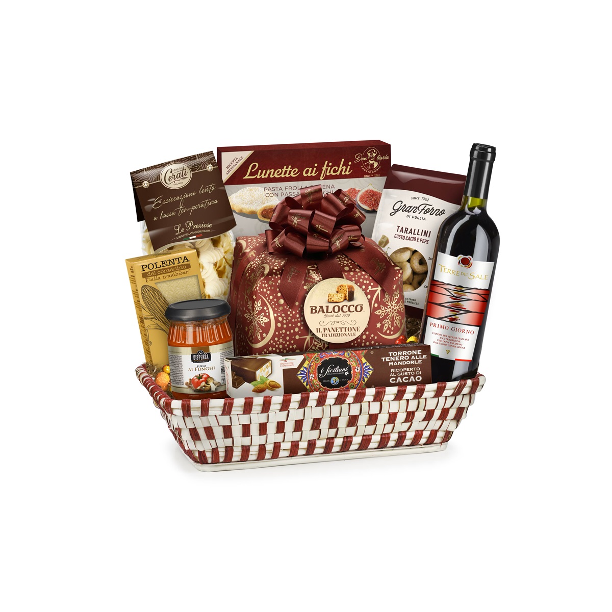 Cesto Natale Primula con Prestigiose Specialità Gastronomiche 11 pezzi